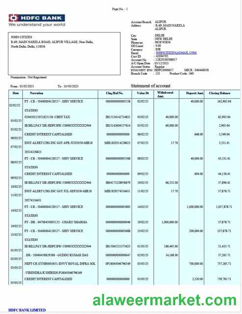 India HDFC Bank statement Word and PDF template
